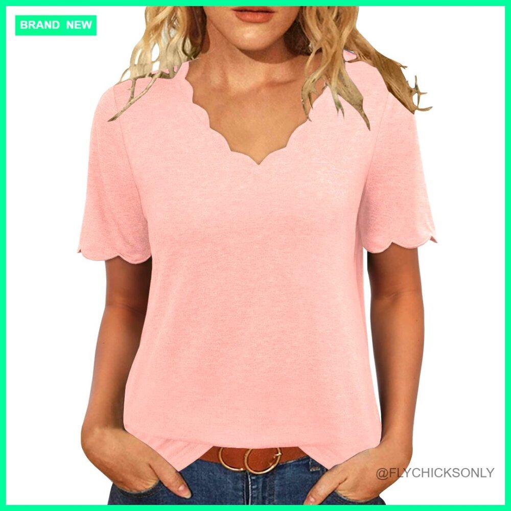V-Neck Short Sleeve Blouse Loose Fit Summer Casual Top Trendy 2026